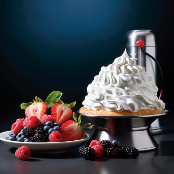 A whipped cream charger next to a bowl of fresh berries and a dollop of whipped cream