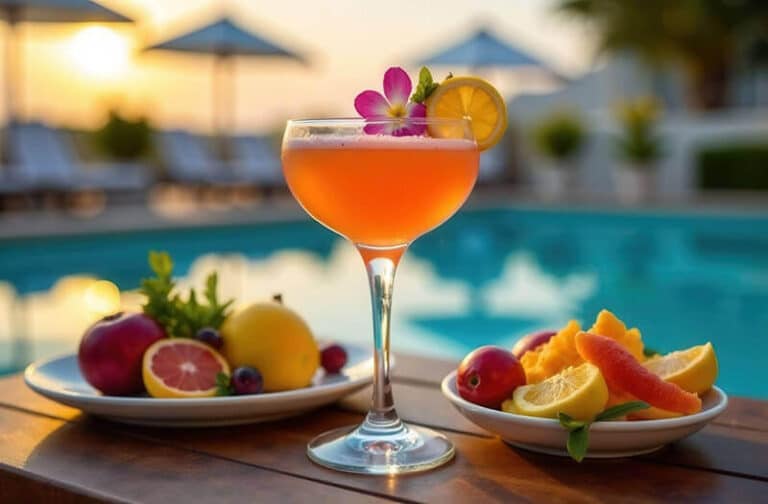 a multicoloured cocktail and plates of fruit with the background of a swimming pool