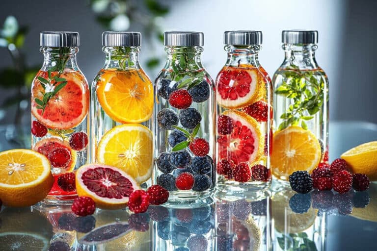 a row of jars filled with fruit and alcoholic beverages