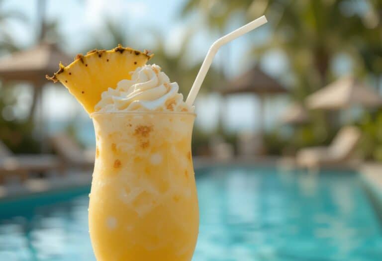 Pina colada cocktail with whipped cream