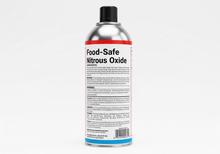A pressurized silver canister labeled "Food-Safe Nitrous Oxide" with bold black text on a white background.