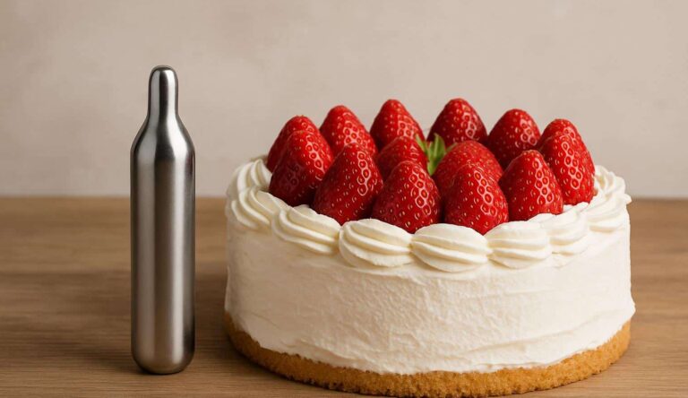 A whipped cream cake topped with fresh strawberries sits on a wooden surface next to a silver cream charger