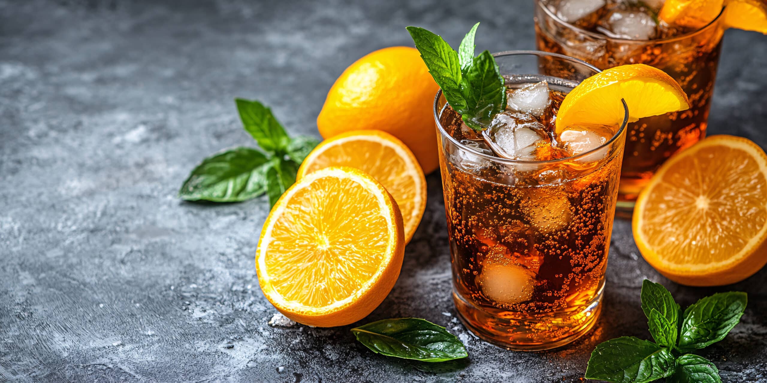 Close up of an Aperol Spritz cocktail garnished with orange slices and fresh mint. Iced and refreshing Aperol spritz cocktail