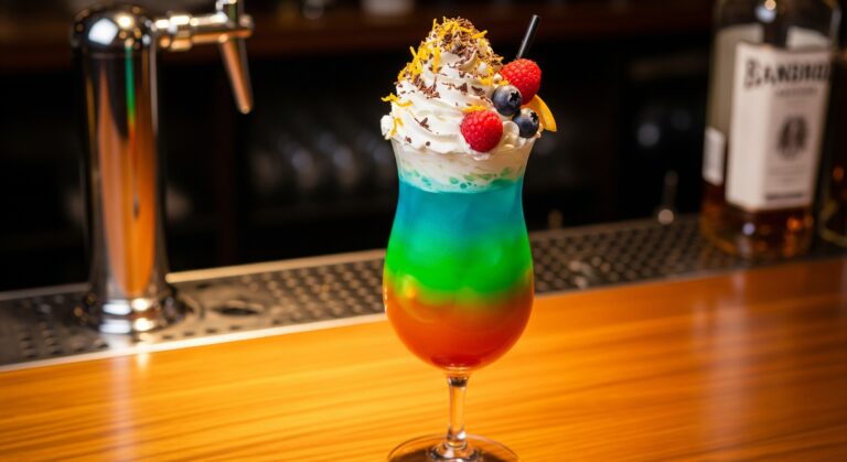 A cocktail in a stemmed glass with layers of orange, green, and blue liquid. It is topped with boozy whipped cream, chocolate, and fresh berries