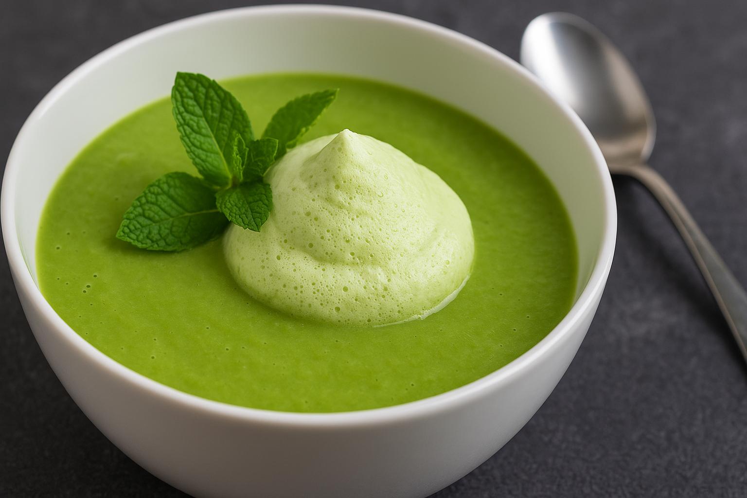 A soup topped with a culinary foam and mint