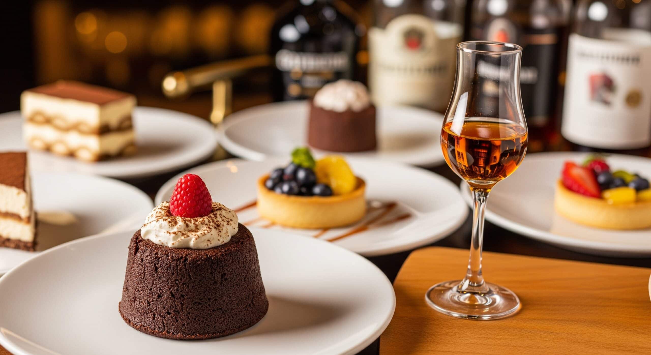 A warm chocolate cake topped with a dollop of whipped cream and a raspberry, next to a glass of liqueur A warm chocolate cake topped with a dollop of whipped cream and a raspberry, next to a glass of liqueur
