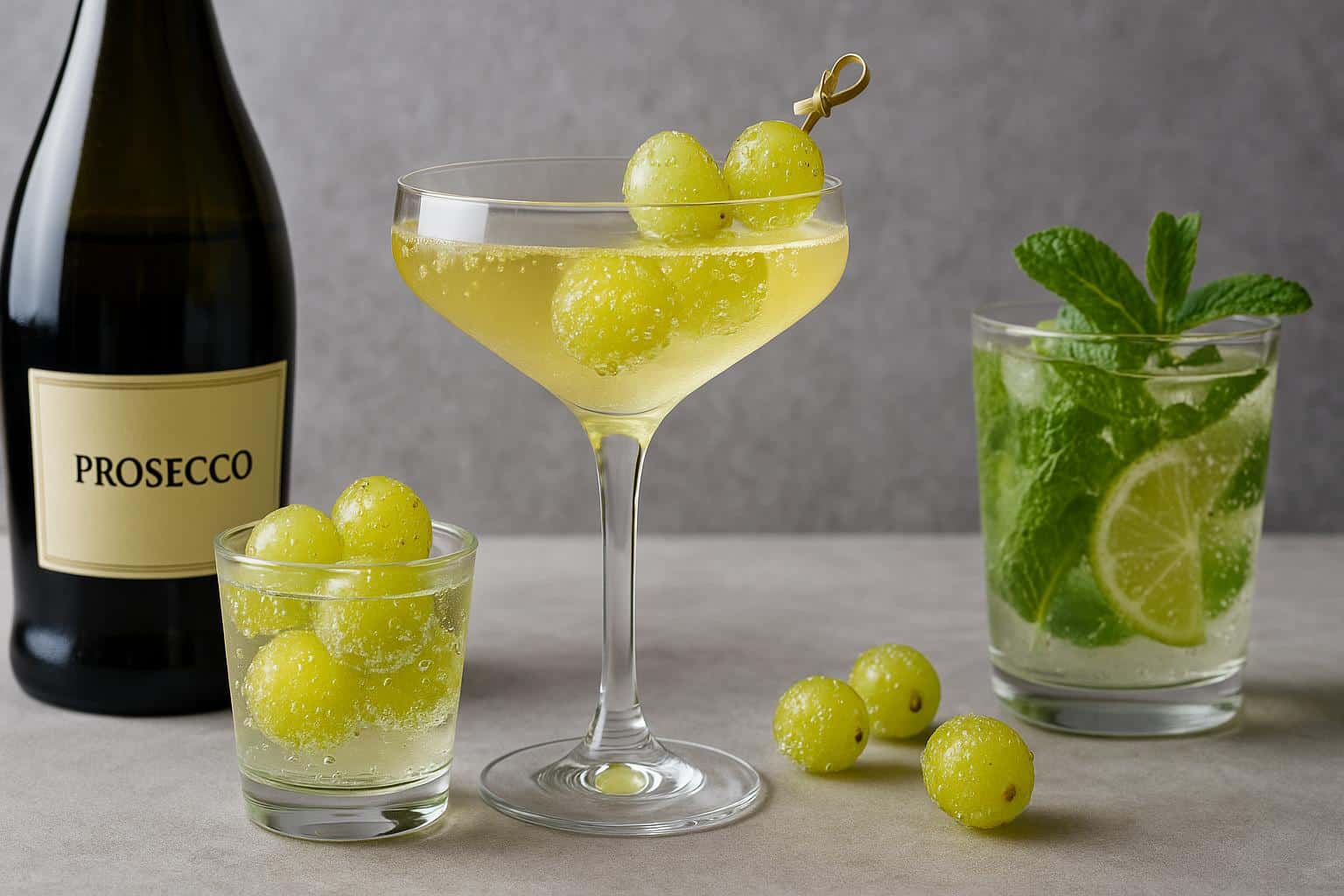 Carbonated grapes in prosecco and infused water
