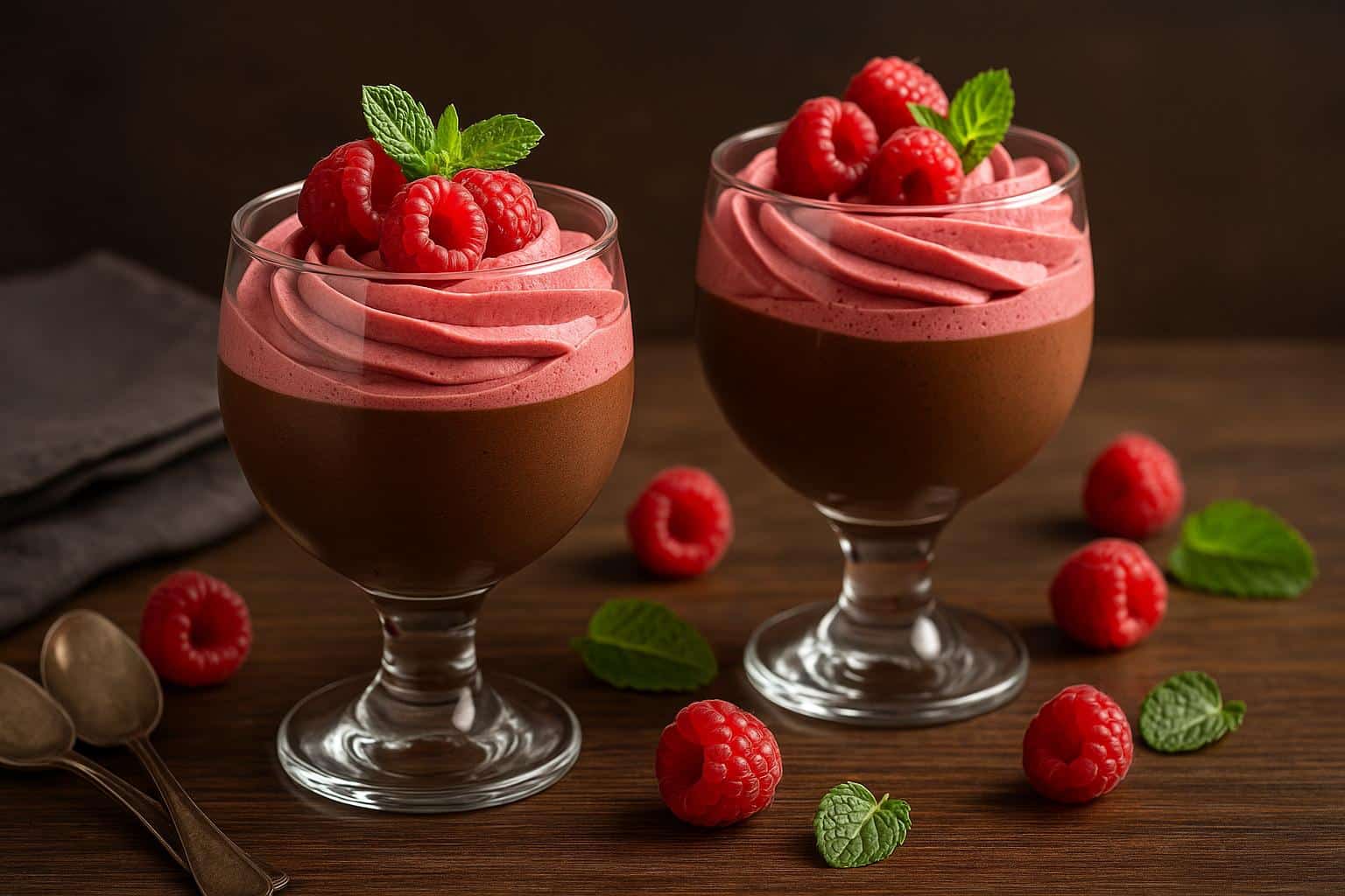Chocolate and raspberry mousse in glasses