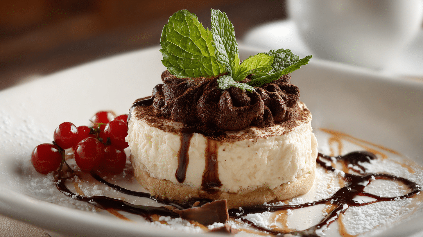 Chocolate foam on a dessert plate topped with mint