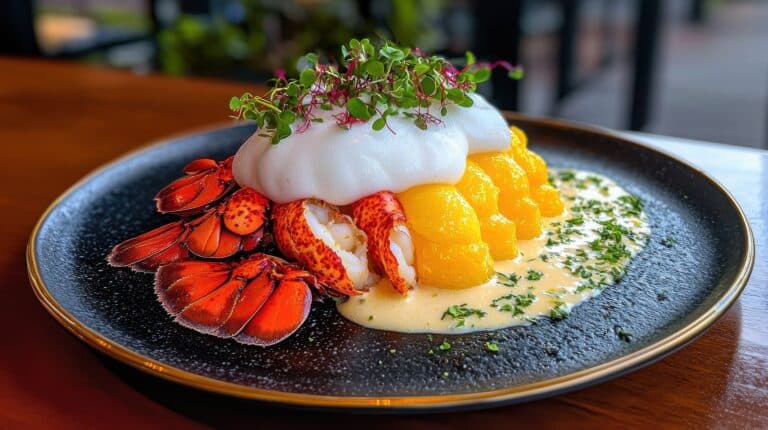 Culinary foam on a lobster tail with white culinary foam and citrus garnish