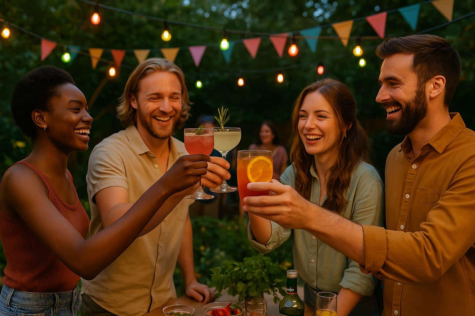 Friends clinking glasses at a garden party with colorful cream charger infusions, fresh garnishes, and festive string lights Friends clinking glasses at a garden party with colorful cream charger infusions, fresh garnishes, and festive string lights
