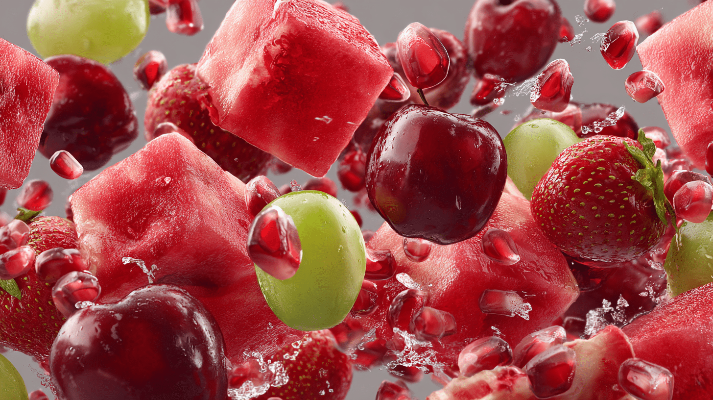Grapes, pomegranate seeds, watermelon cubes, and strawberries