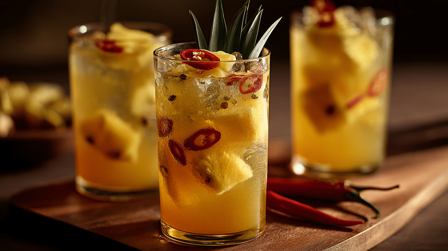 Infused drinks with pineapple, mango, and chilli on a wooden board