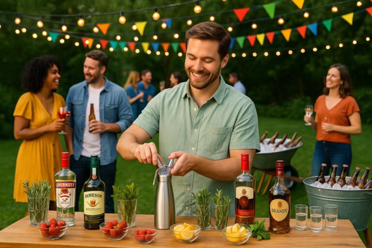 Man using a cream charger to make alcohol infusions at a garden party with real liquor bottles, fresh ingredients, and guests enjoying drinks