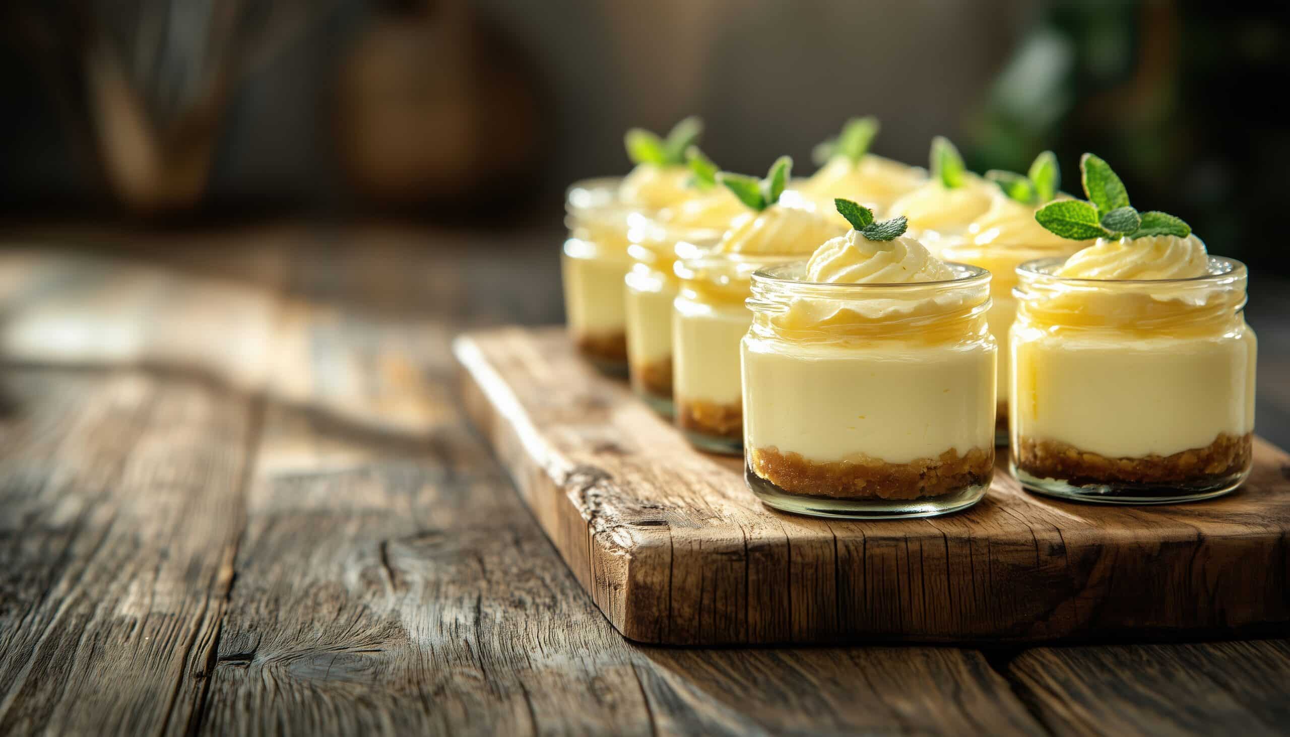 Mousse desserts served in mini jars on a wooden board