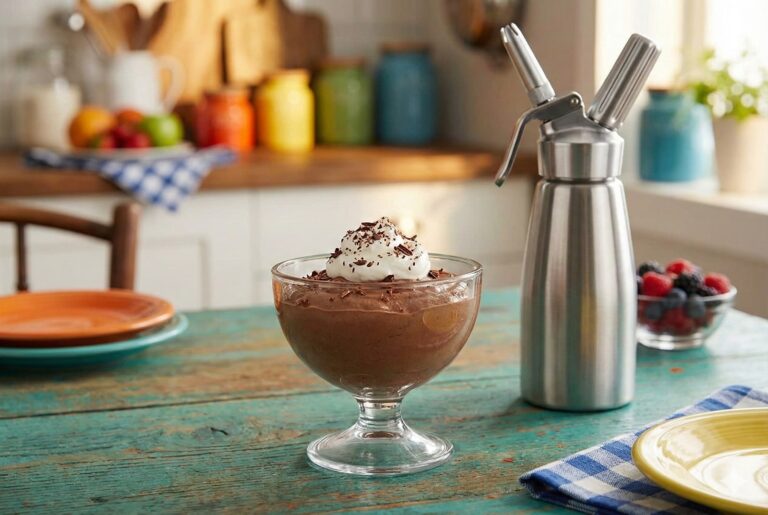 Chocolate mousse in a glass bowl next to a whipped cream dispenser on a rustic table.