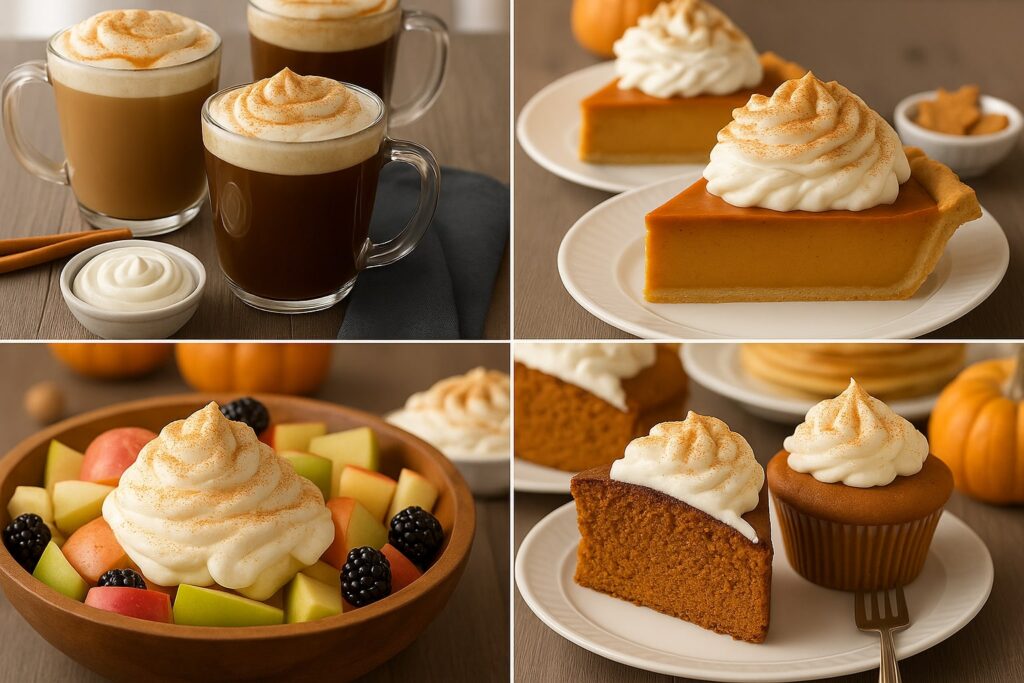 Autumn dessert and drink collage with pumpkin spice lattes, pie, fruit bowl, and spiced cake topped with whipped cream.