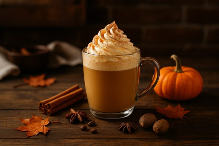 Glass mug of pumpkin spice latte topped with whipped cream and cinnamon, surrounded by spices, dried leaves, and a small pumpkin on a rustic wooden table.