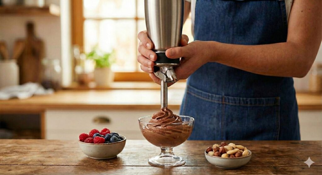 Hands piping chocolate mousse from a metal dispenser into a glass bowl on a wooden table, with bowls of berries and nuts nearby.
