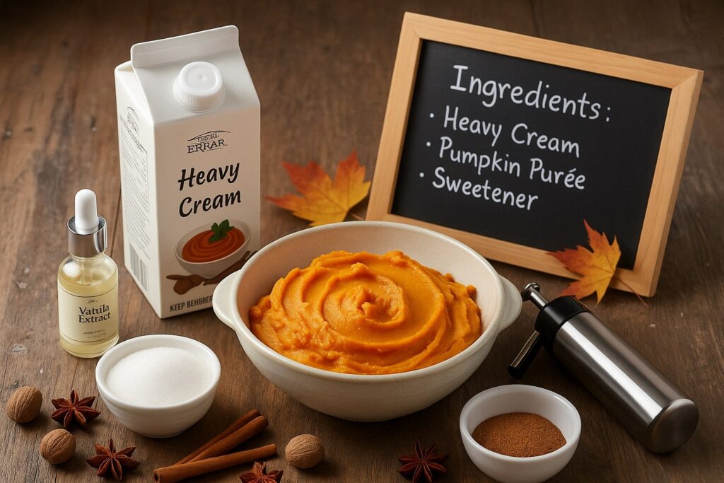 Ingredients for pumpkin spice whipped cream with cream, purée, spices, and a dispenser on a rustic table.