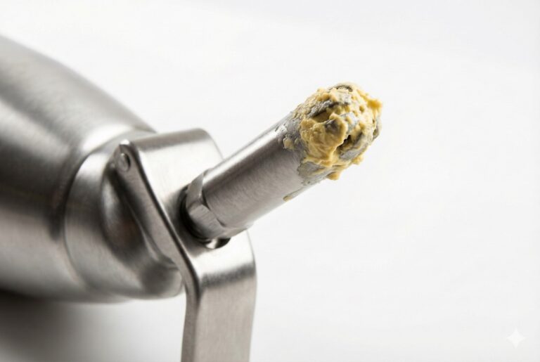 A metal whipped cream dispenser nozzle clogged with dried cream residue.
