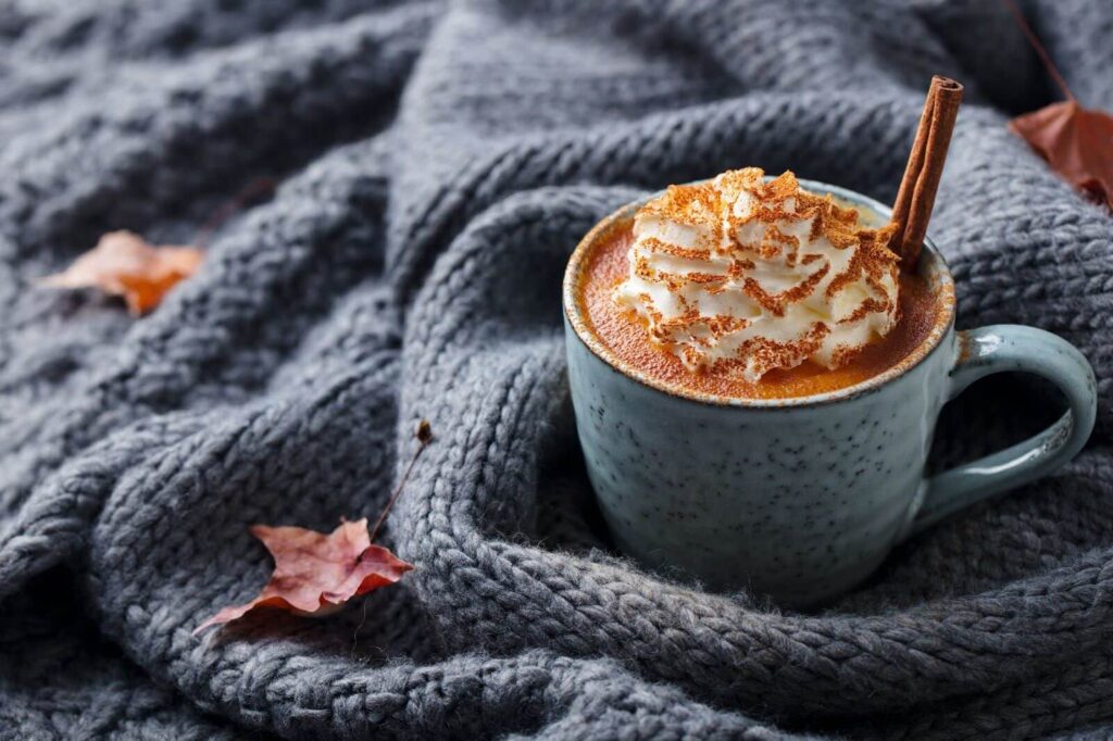 Pumpkin latte with spices and whipped cream. Grey knitted background.