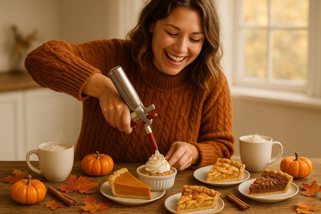 Woman topping autumn desserts with pumpkin spice whipped cream at a cozy table.