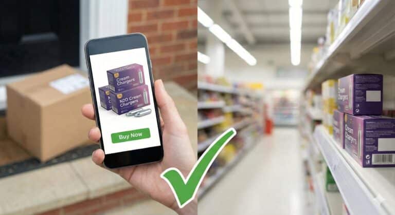 Split image comparing buying generic cream chargers online via phone versus in a physical store aisle.
