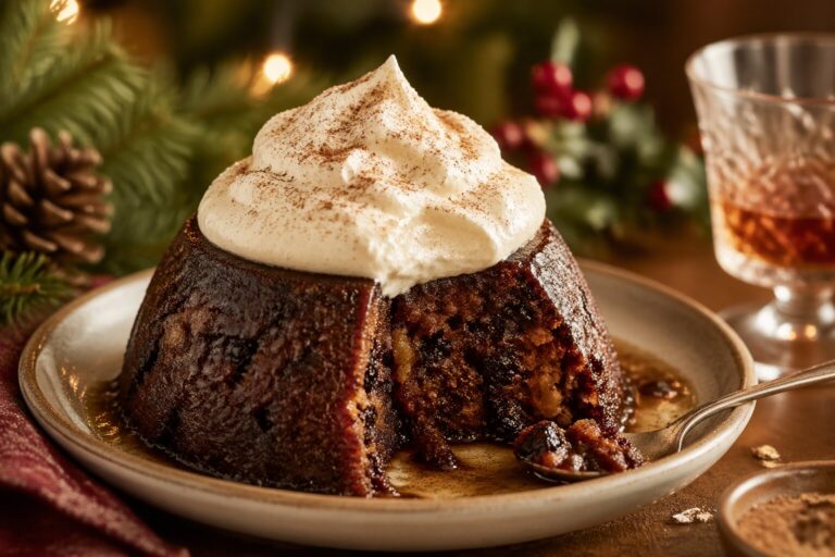 Spiced brandy whipped cream served on Christmas pudding for a festive dessert