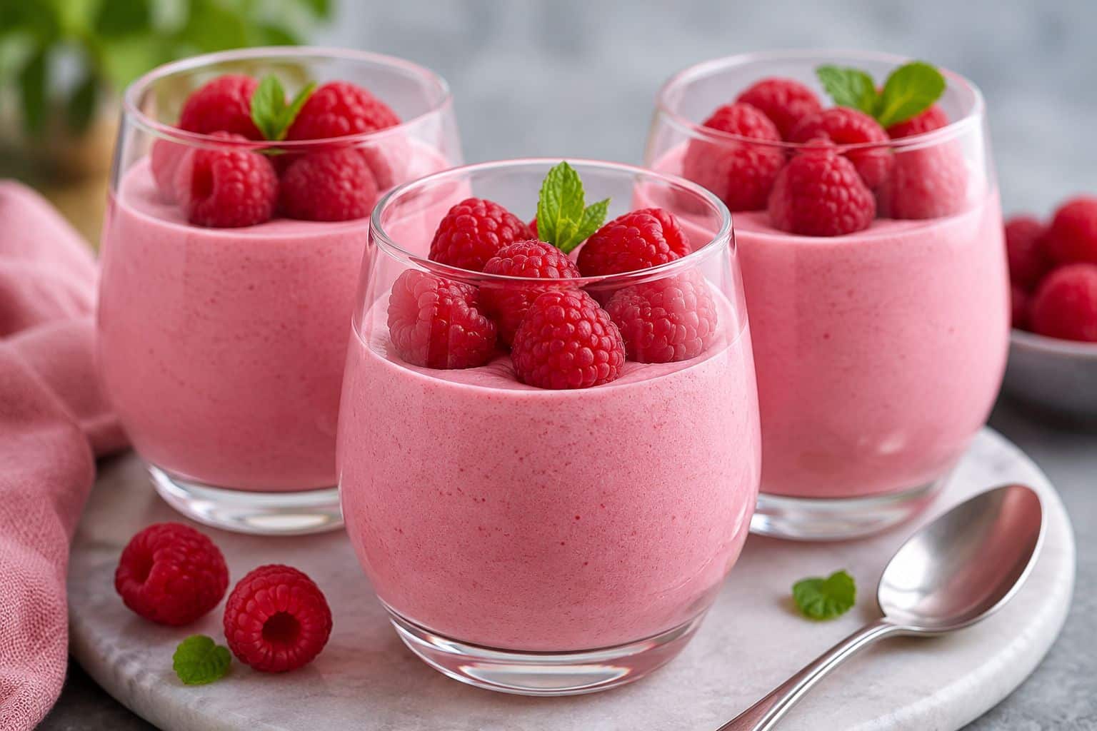 Raspberry mousse topped with fresh raspberries in glasses