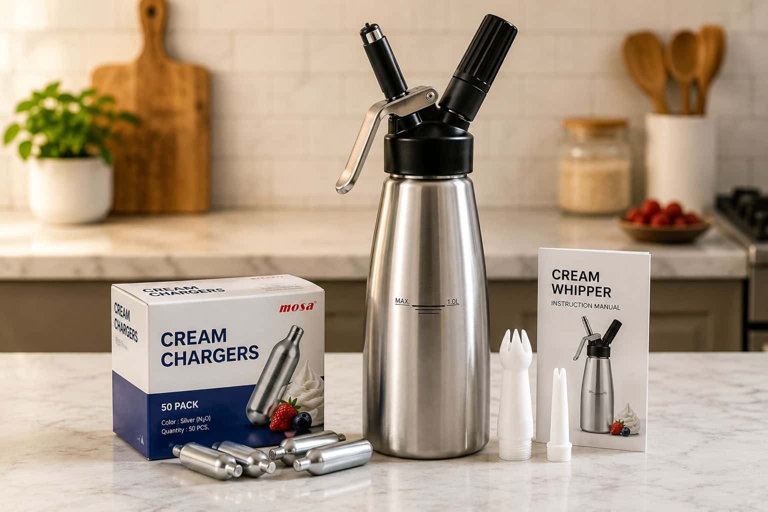 A whipped cream dispenser, cream chargers, and a siphon standing on a kitchen counter