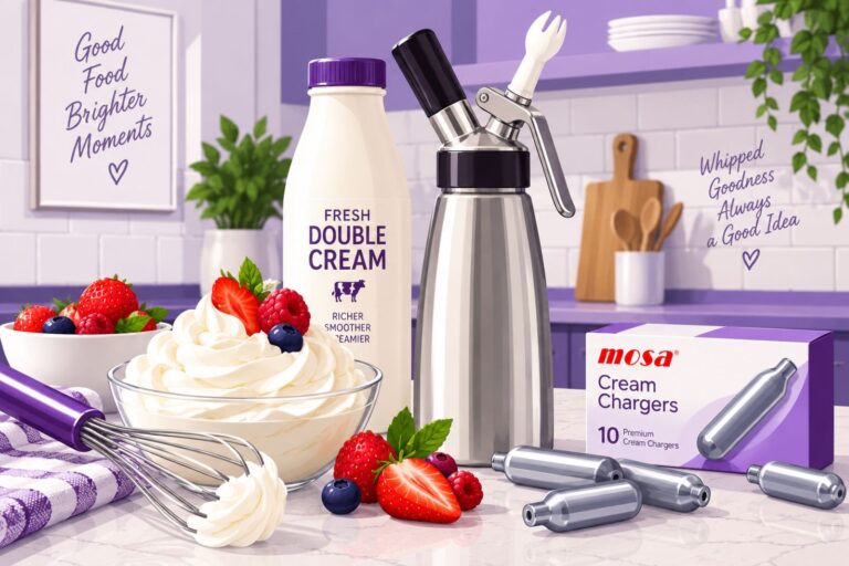 Vector-style double cream scene with berries, whisk, cream bottle, and whipped cream dispenser in a purple-accented kitchen.