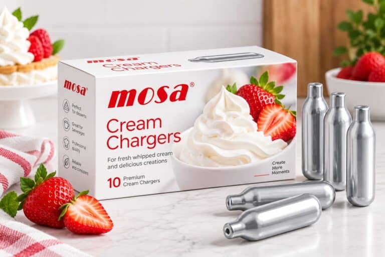 Vector graphic of Mosa cream chargers with whipped cream, raspberries, and branded packaging.