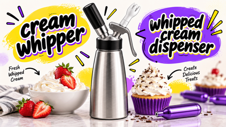 Comic-style cream whipper graphic with whipped cream, dessert toppings, purple charger, and bold product-name speech bubbles.